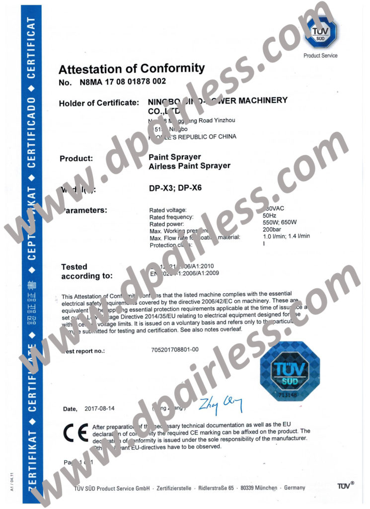 CE certificate for airless paint sprayer