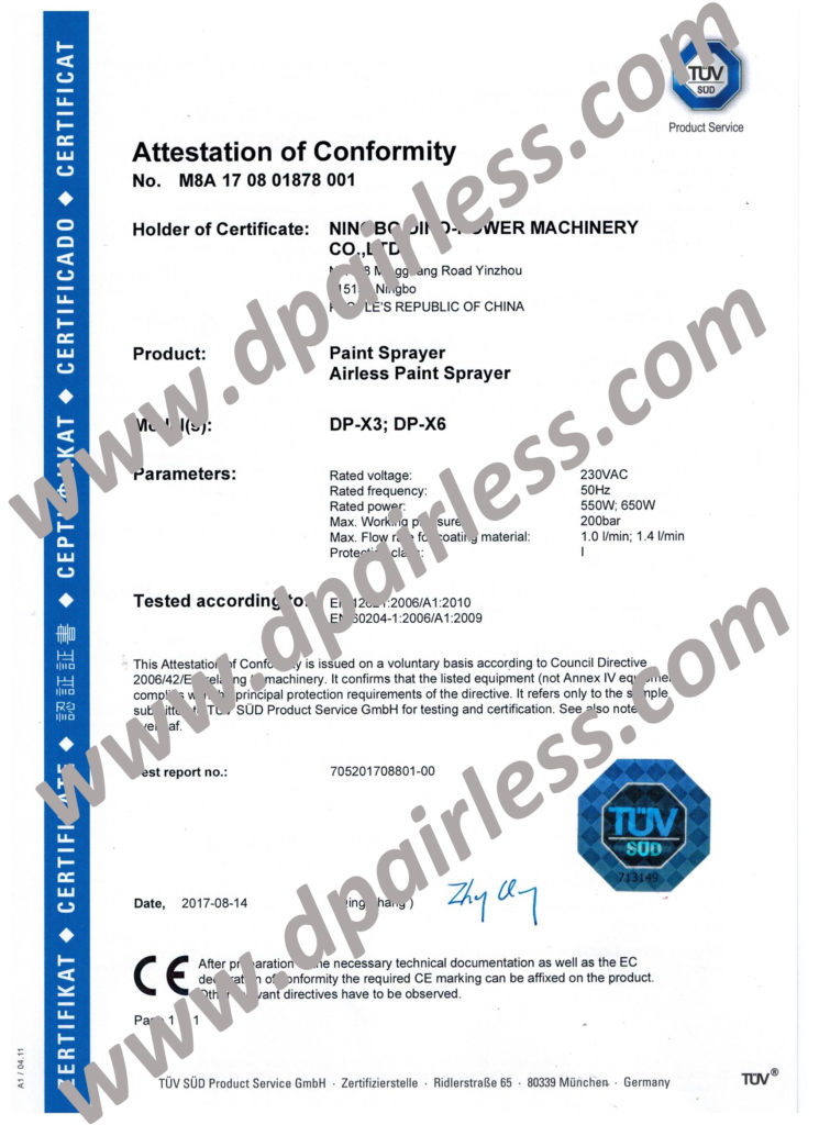 CE certificate for airless sprayer